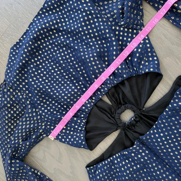 DELFI Collective Cerise Gown Blue Polka Dot Silk Metallic Gold Cut Out - Small - Picture 9 of 12